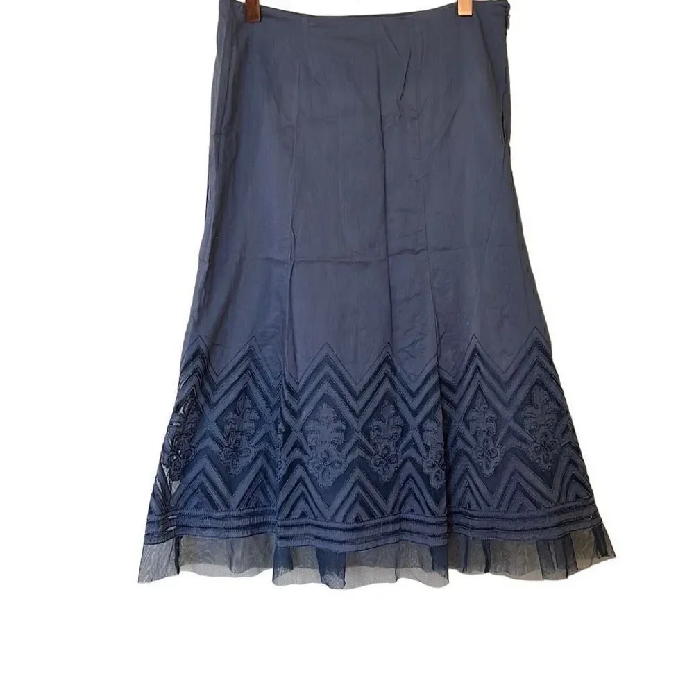 Nine West Embroidered Lined Appliqué Tulle Trim Long Skirt Blue Size 4P